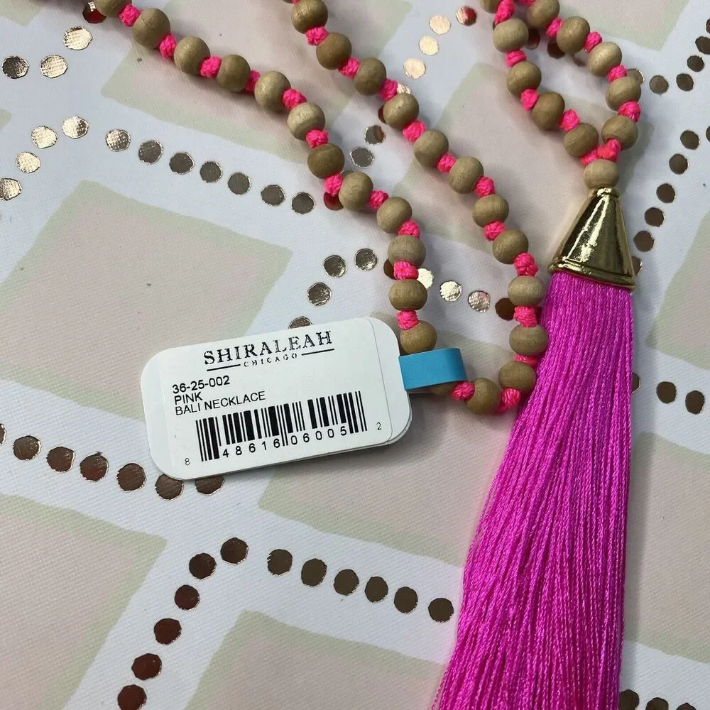 SHIRALEAH New Wood & Pink Beaded Bali Fringe Statement Necklace Giftable